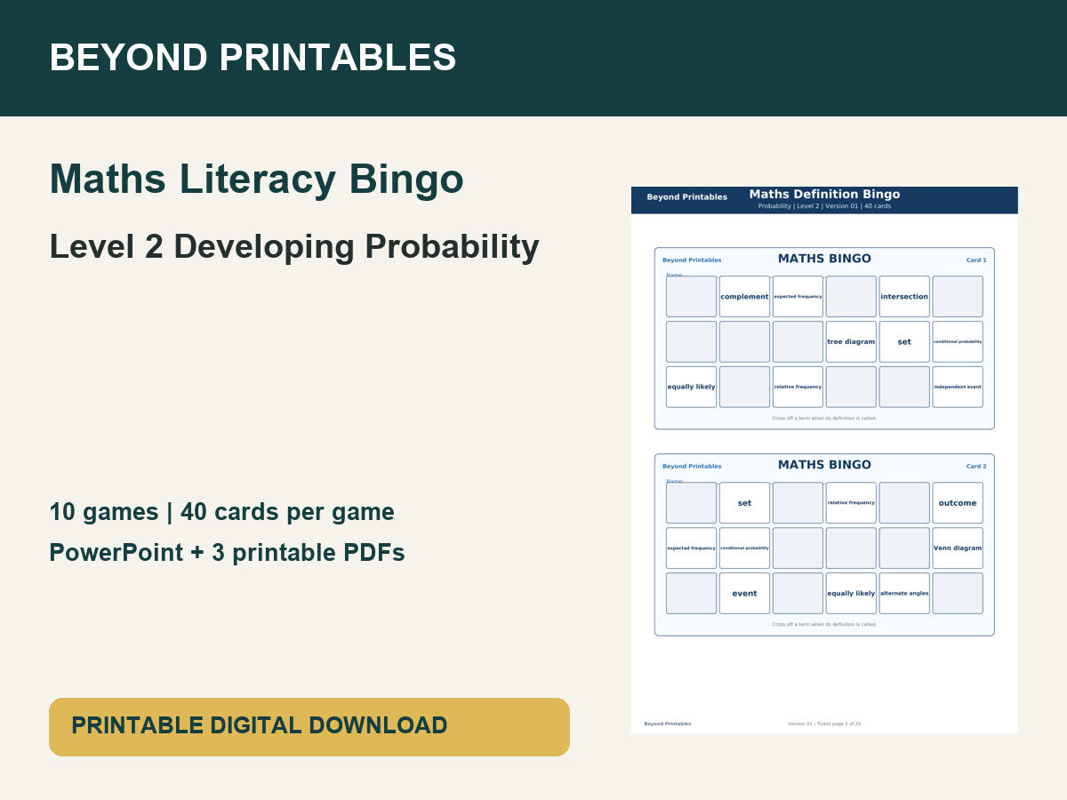 Maths Literacy Bingo: Level 2 Developing Probability | 10 Games + PowerPoint