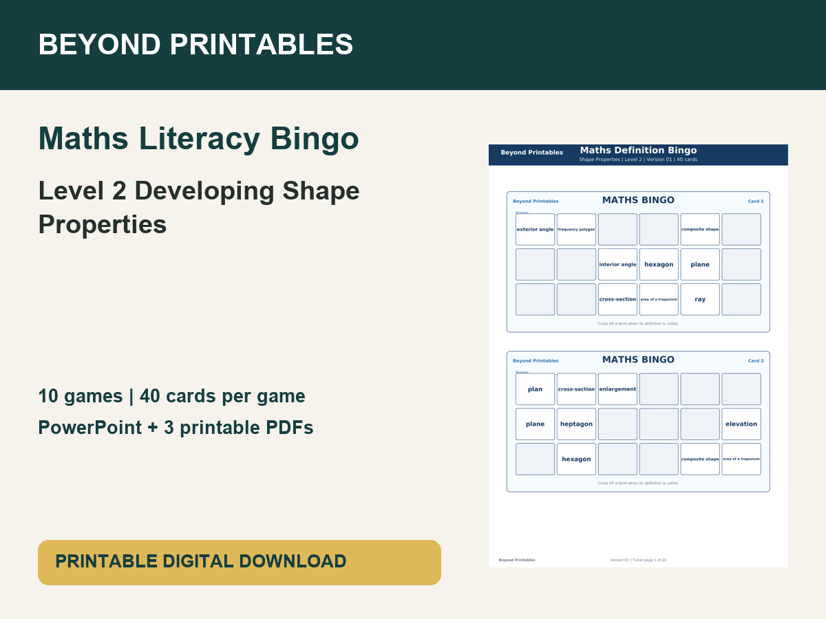 Maths Literacy Bingo: Level 2 Developing Shape Properties | 10 Games + PowerPoint