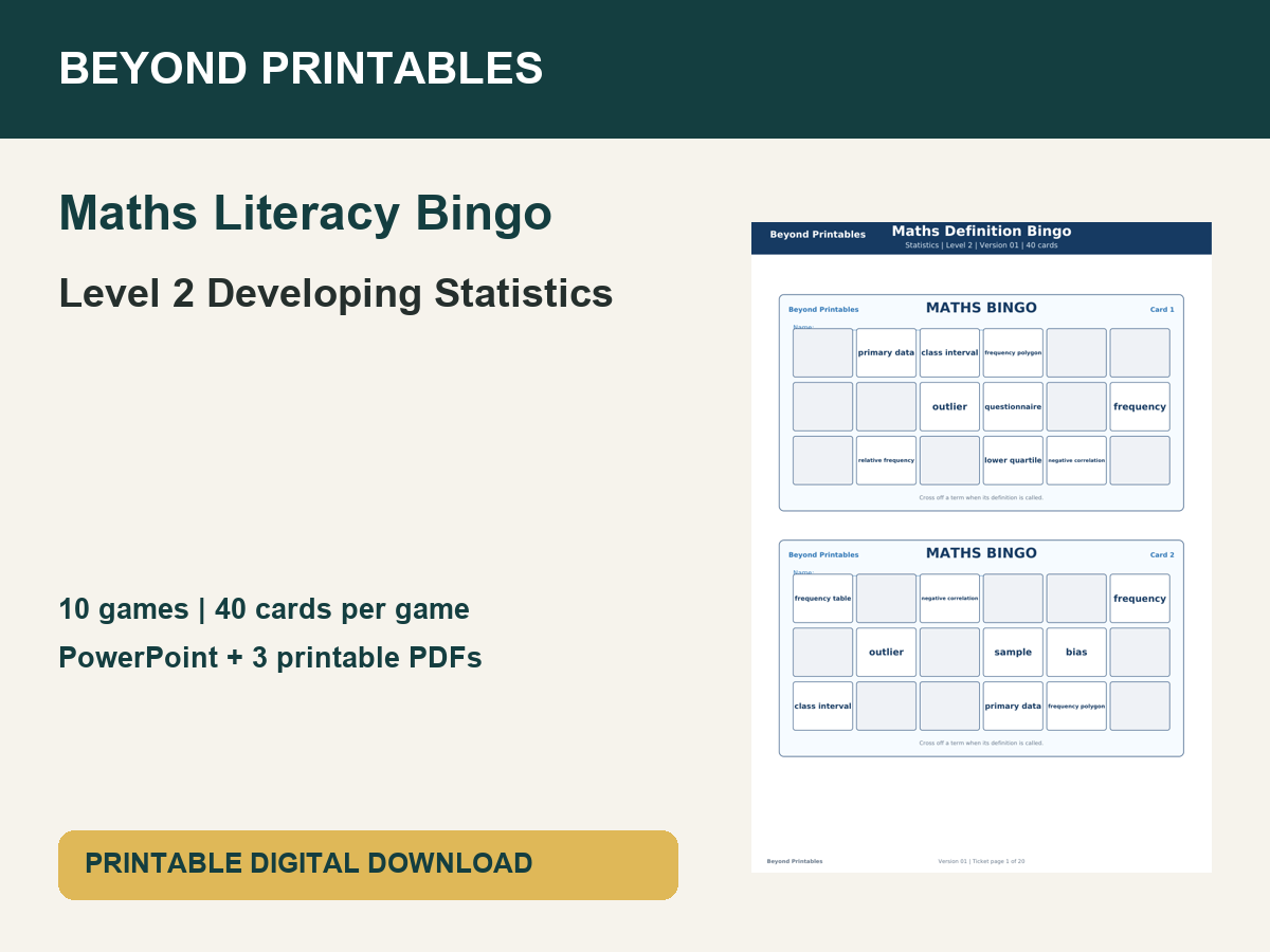 Maths Literacy Bingo: Level 2 Developing Statistics | 10 Games + PowerPoint