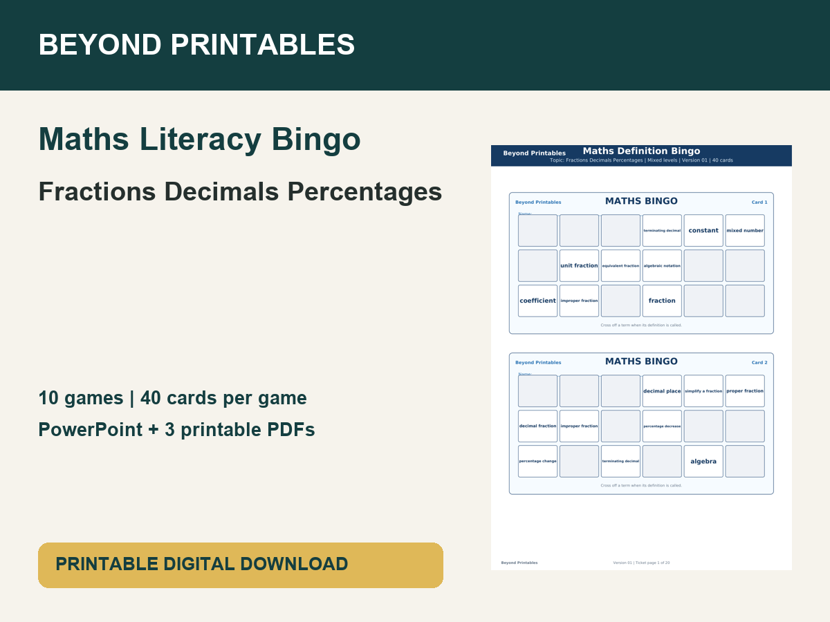 Maths Literacy Bingo: Fractions Decimals Percentages | 10 Games + PowerPoint
