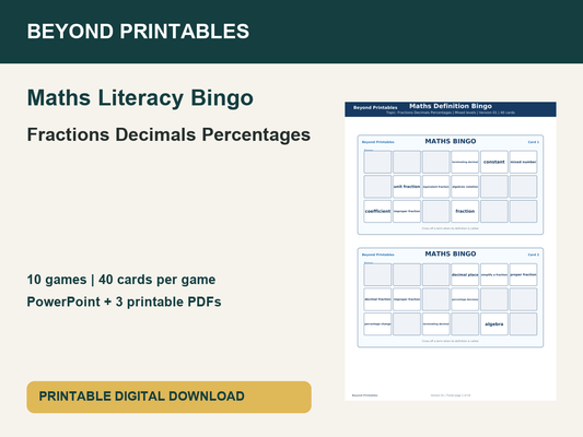 Maths Literacy Bingo: Fractions Decimals Percentages | 10 Games + PowerPoint