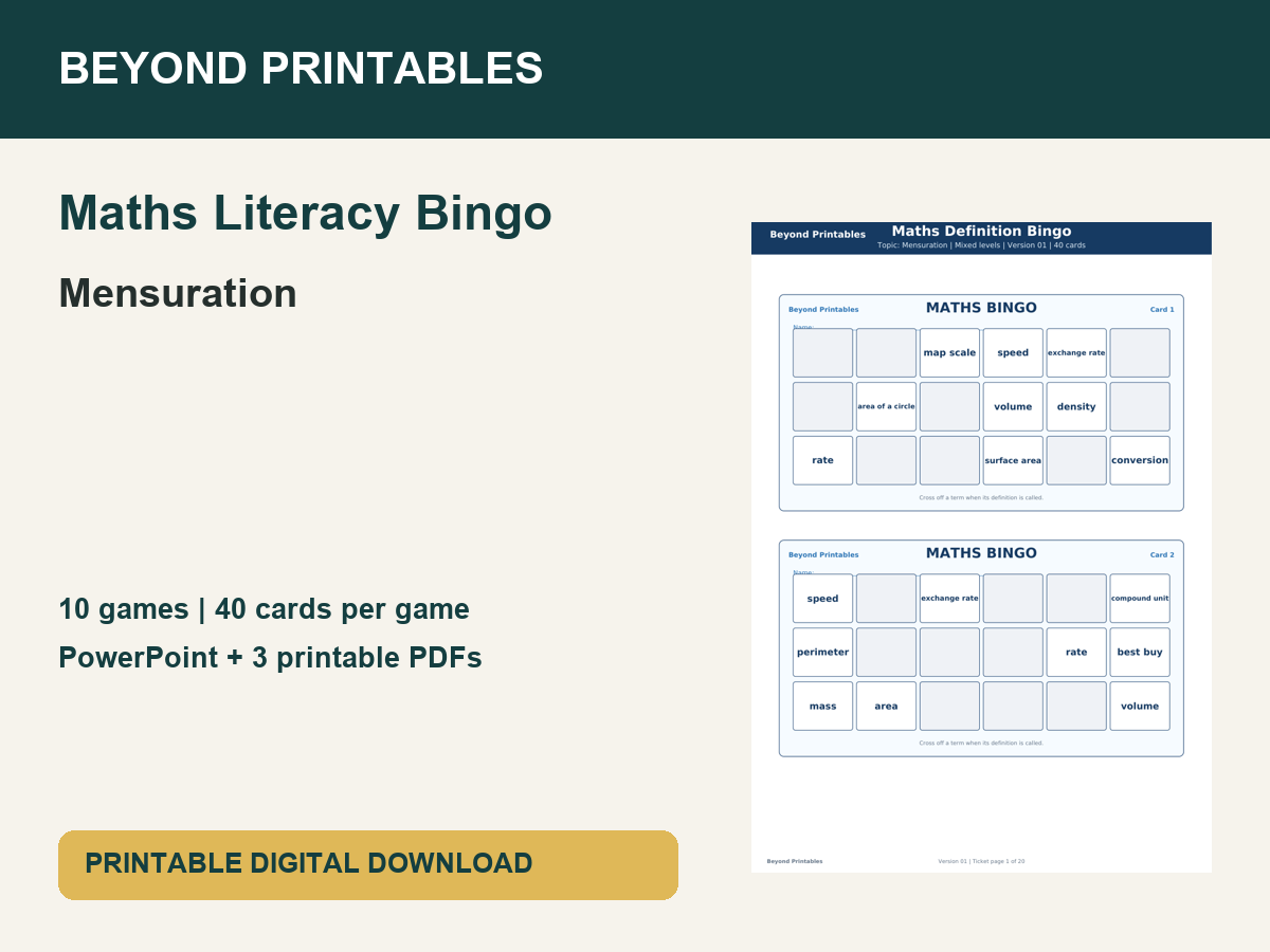 Maths Literacy Bingo: Mensuration | 10 Games + PowerPoint