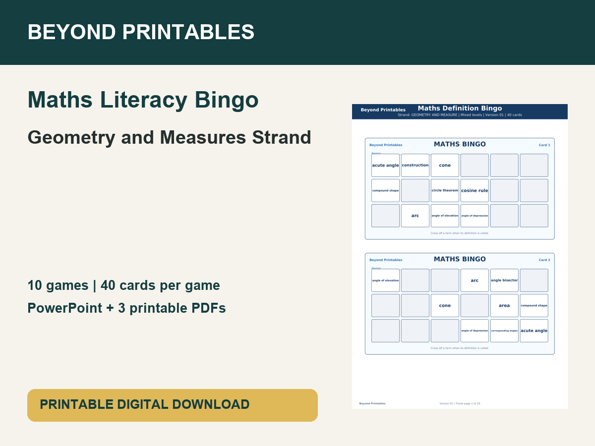 Maths Literacy Bingo: Geometry and Measures Strand | 10 Games + PowerPoint