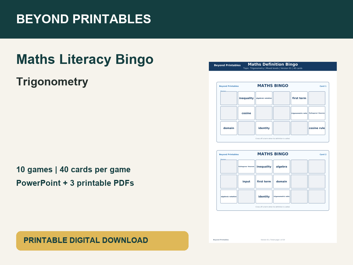 Maths Literacy Bingo: Trigonometry | 10 Games + PowerPoint