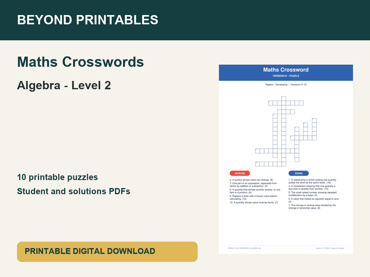 Maths Crosswords: Algebra - Level 2 | 10 Puzzles + Solutions