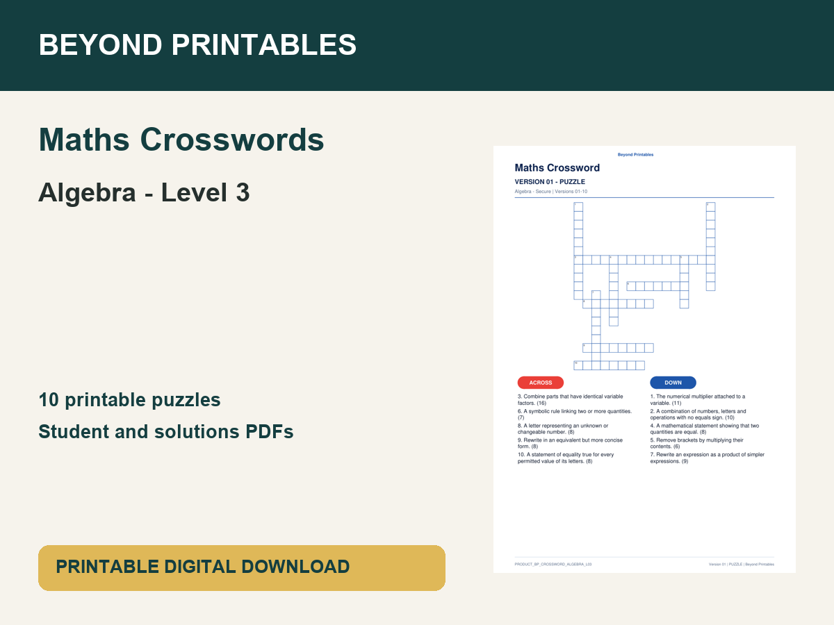 Maths Crosswords: Algebra - Level 3 | 10 Puzzles + Solutions