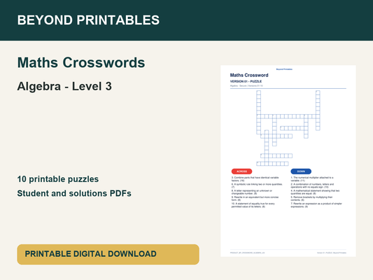 Maths Crosswords: Algebra - Level 3 | 10 Puzzles + Solutions