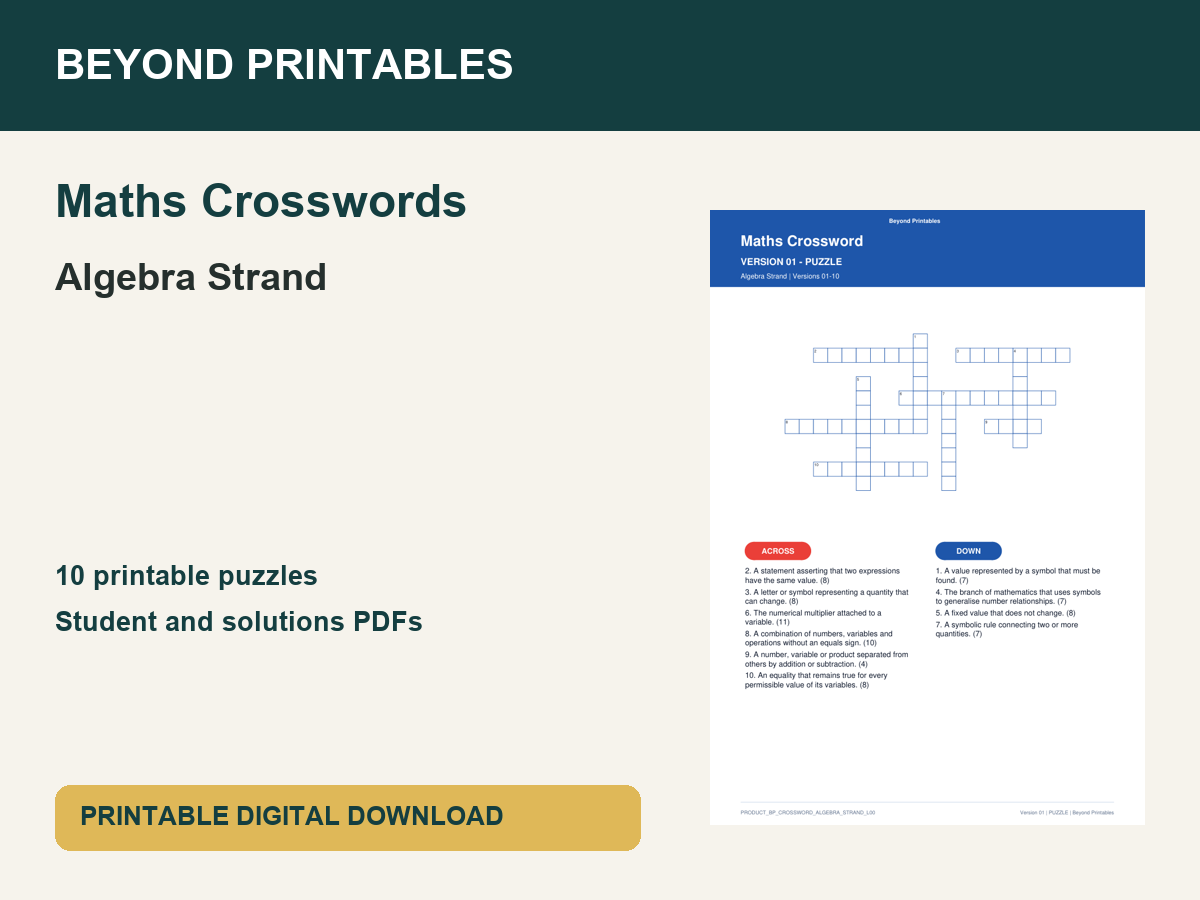 Maths Crosswords: Algebra Strand | 10 Puzzles + Solutions