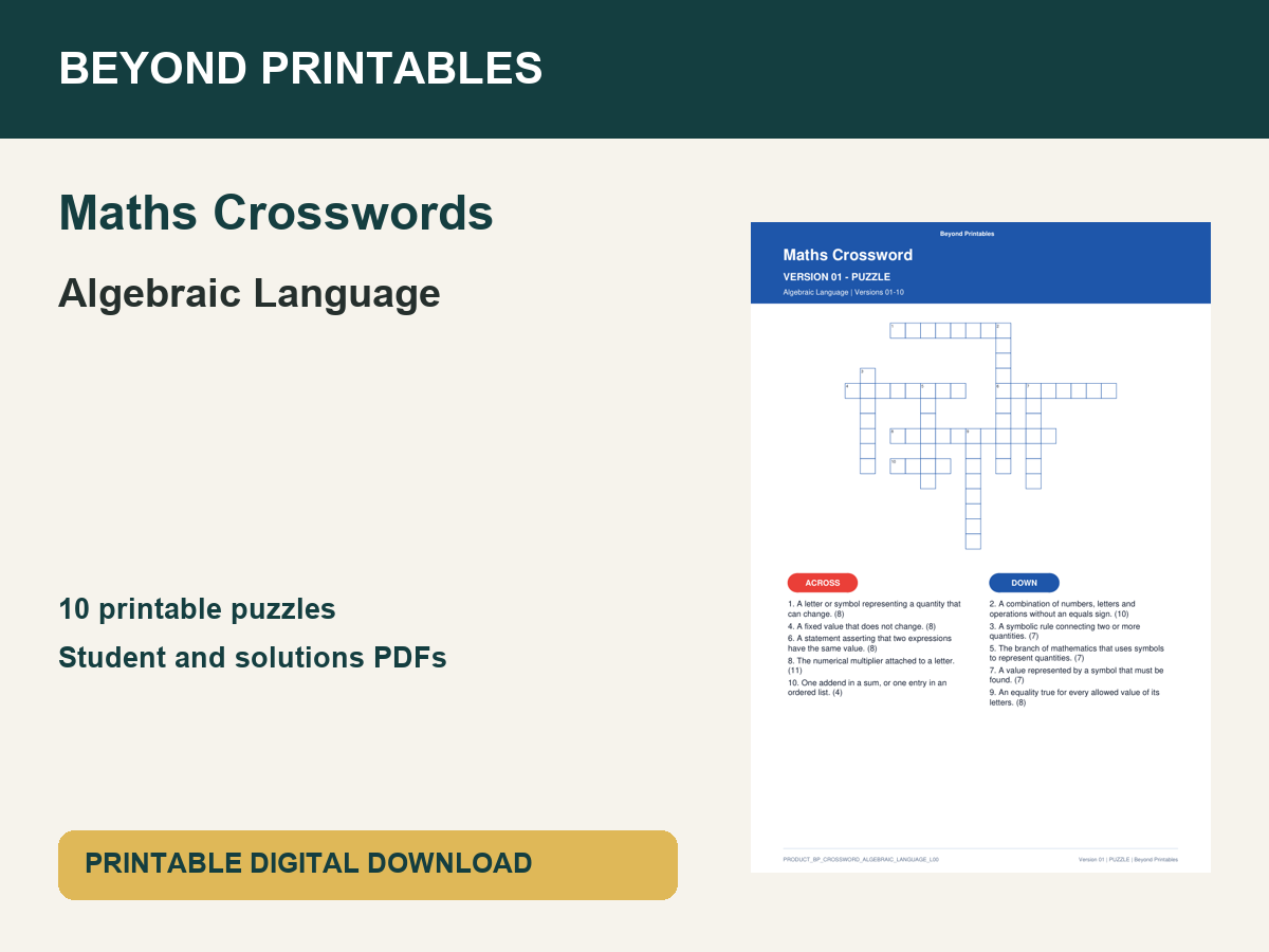 Maths Crosswords: Algebraic Language | 10 Puzzles + Solutions