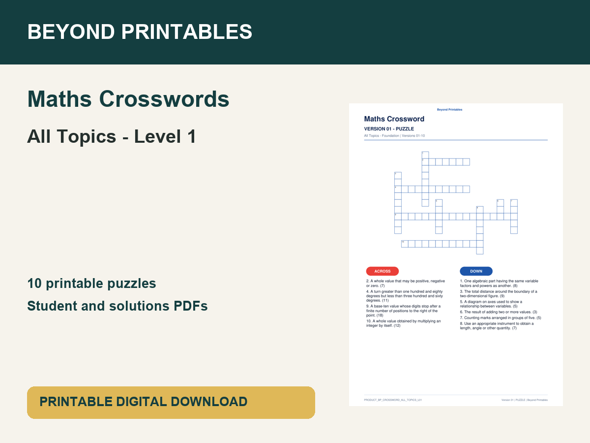 Maths Crosswords: All Topics - Level 1 | 10 Puzzles + Solutions