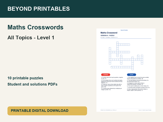 Maths Crosswords: All Topics - Level 1 | 10 Puzzles + Solutions