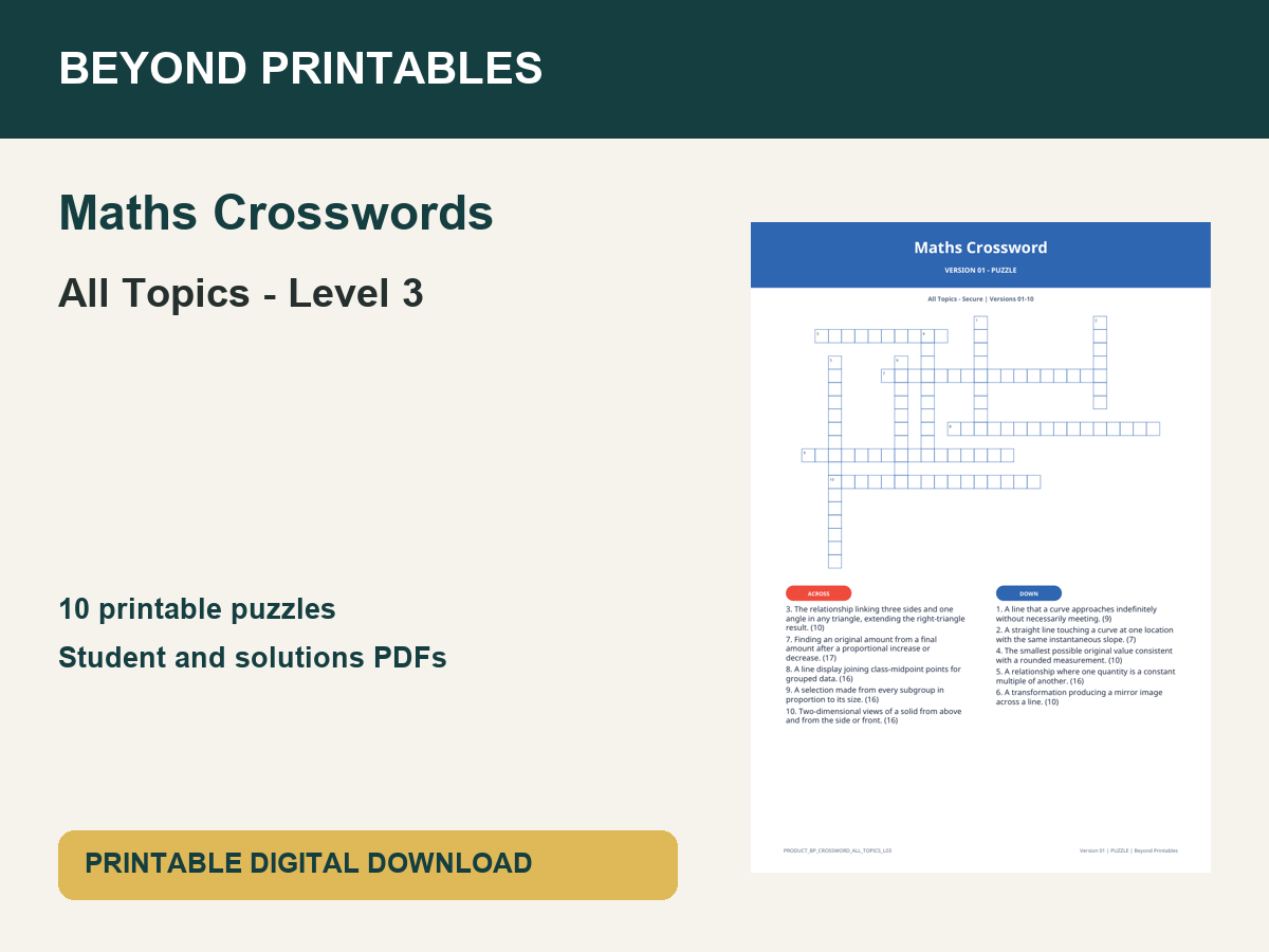 Maths Crosswords: All Topics - Level 3 | 10 Puzzles + Solutions