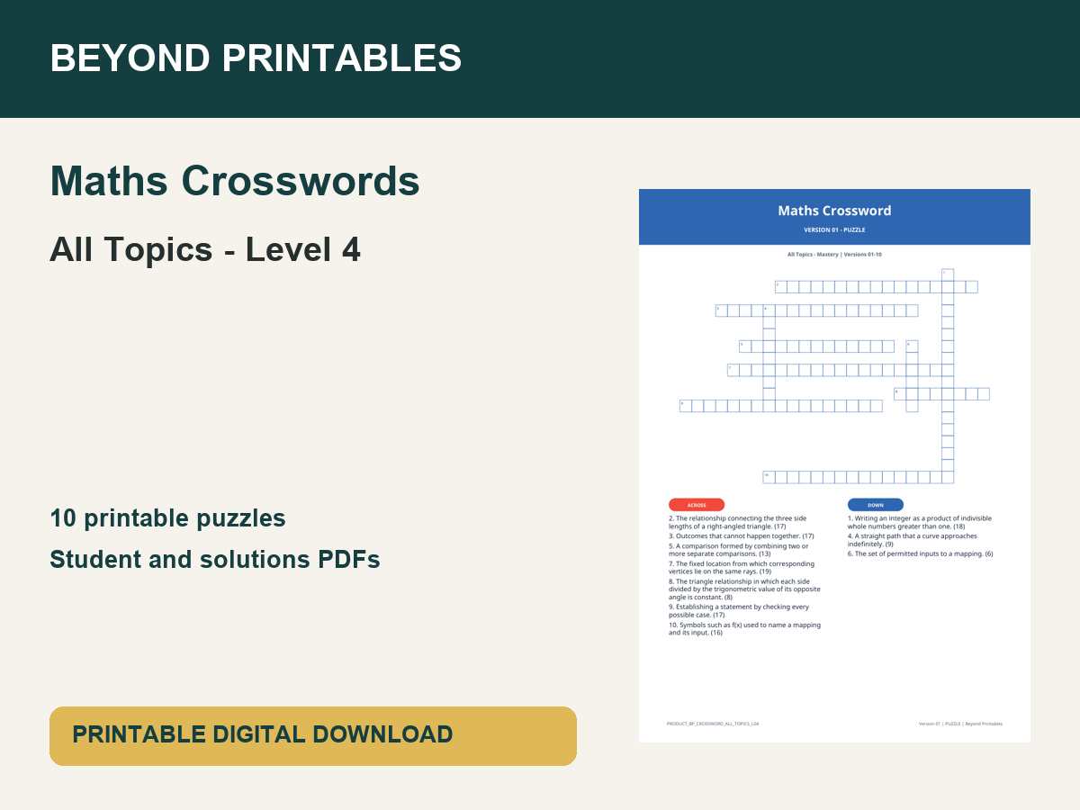 Maths Crosswords: All Topics - Level 4 | 10 Puzzles + Solutions
