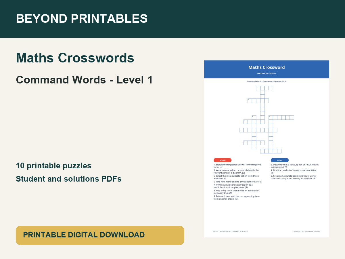 Maths Crosswords: Command Words - Level 1 | 10 Puzzles + Solutions