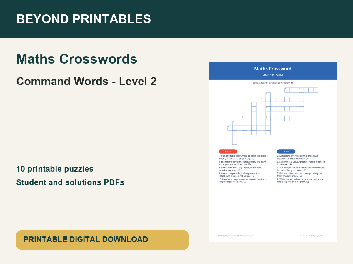 Maths Crosswords: Command Words - Level 2 | 10 Puzzles + Solutions