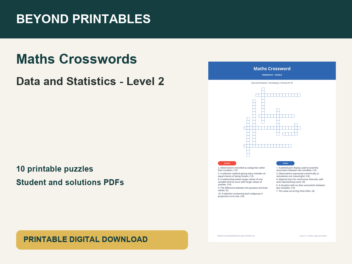 Maths Crosswords: Data and Statistics - Level 2 | 10 Puzzles + Solutions
