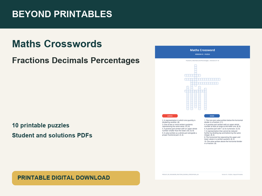 Maths Crosswords: Fractions Decimals Percentages | 10 Puzzles + Solutions
