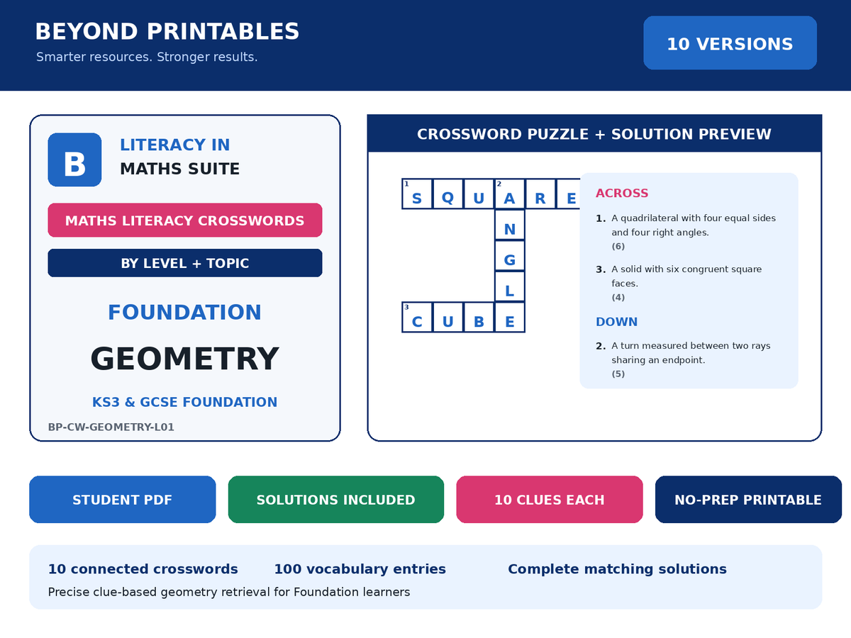Maths Crosswords: Geometry - Level 1 | 10 Puzzles + Solutions