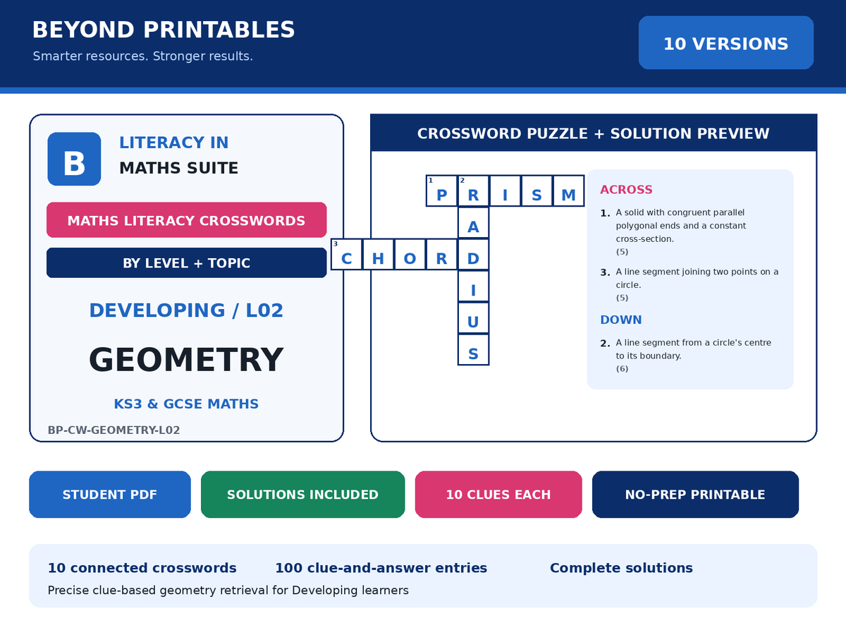 Maths Crosswords: Geometry - Level 2 | 10 Puzzles + Solutions