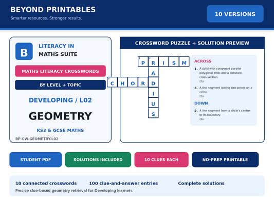 Maths Crosswords: Geometry - Level 2 | 10 Puzzles + Solutions