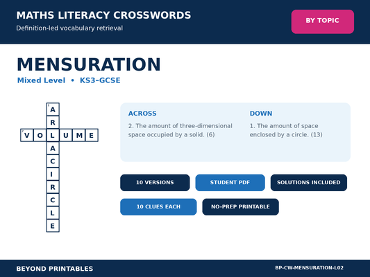 Maths Crosswords: Mensuration - Level 2 | 10 Puzzles + Solutions