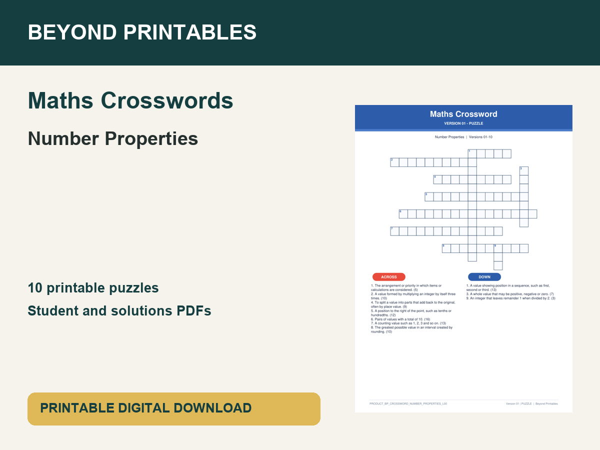 Maths Crosswords: Number Properties | 10 Puzzles + Solutions