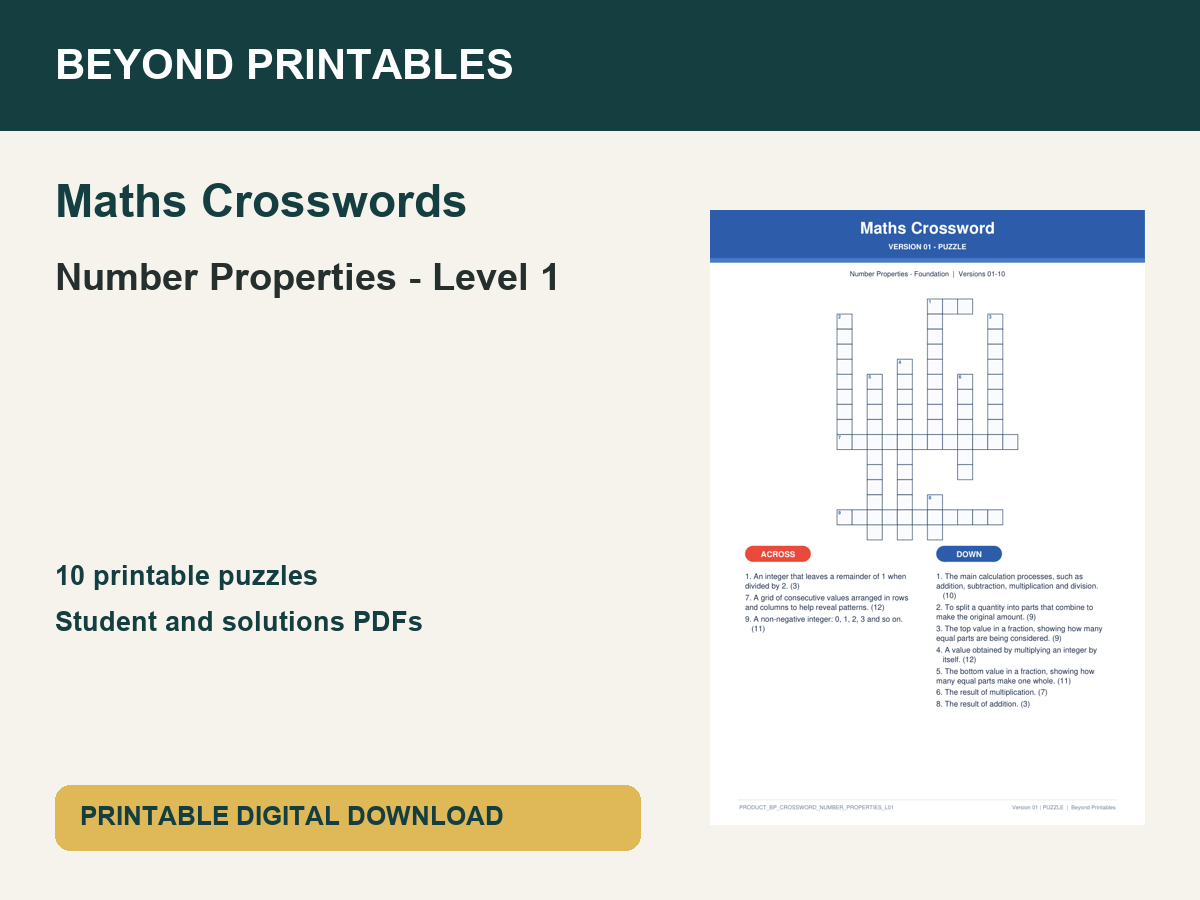 Maths Crosswords: Number Properties - Level 1 | 10 Puzzles + Solutions