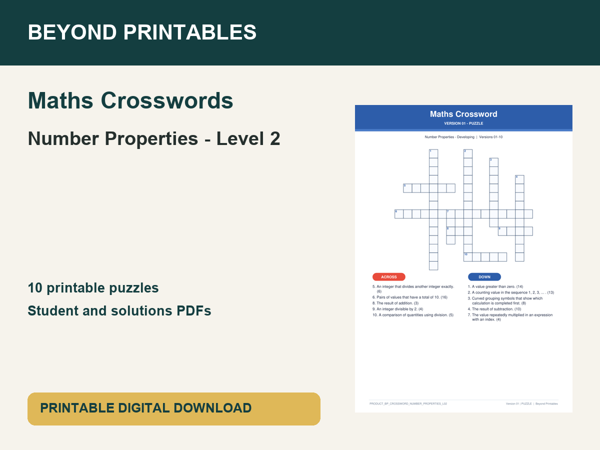 Maths Crosswords: Number Properties - Level 2 | 10 Puzzles + Solutions