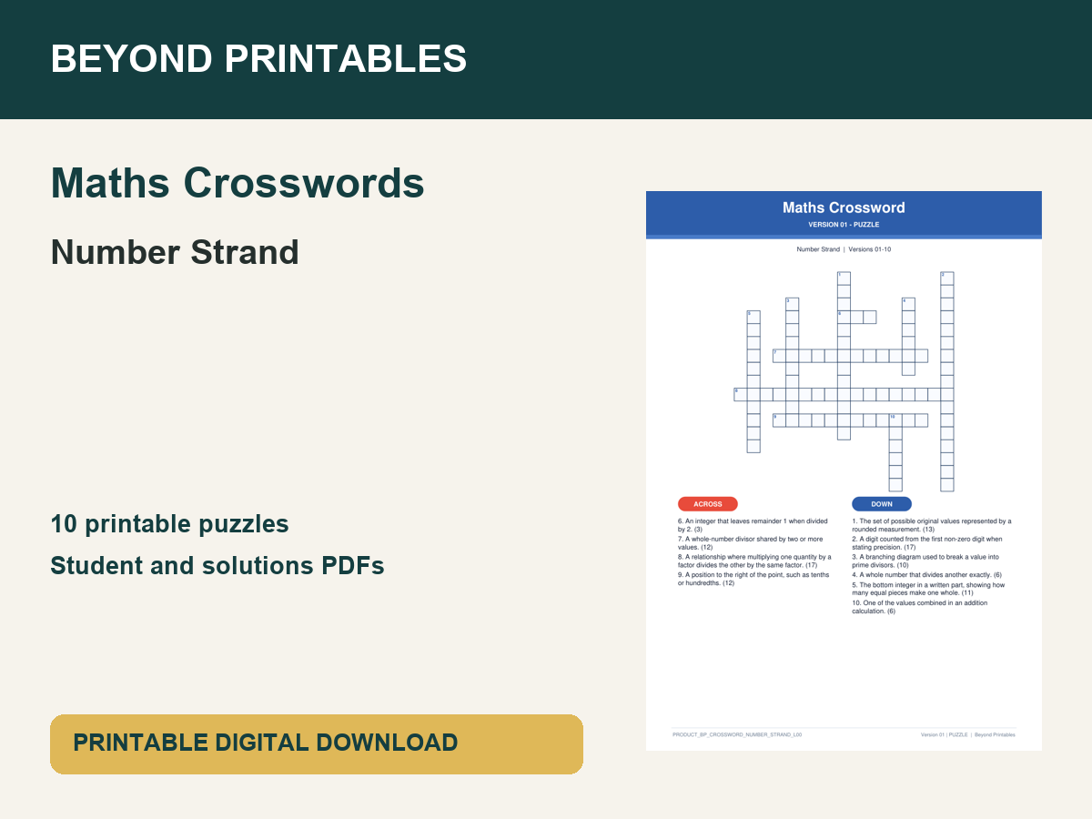 Maths Crosswords: Number Strand | 10 Puzzles + Solutions