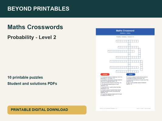 Maths Crosswords: Probability - Level 2 | 10 Puzzles + Solutions