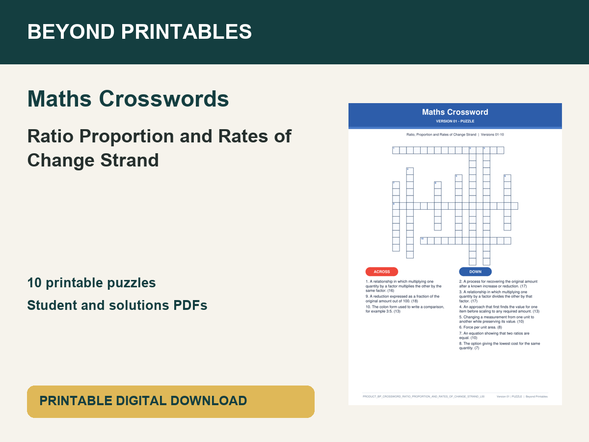 Maths Crosswords: Ratio Proportion and Rates of Change Strand | 10 Puzzles + Solutions