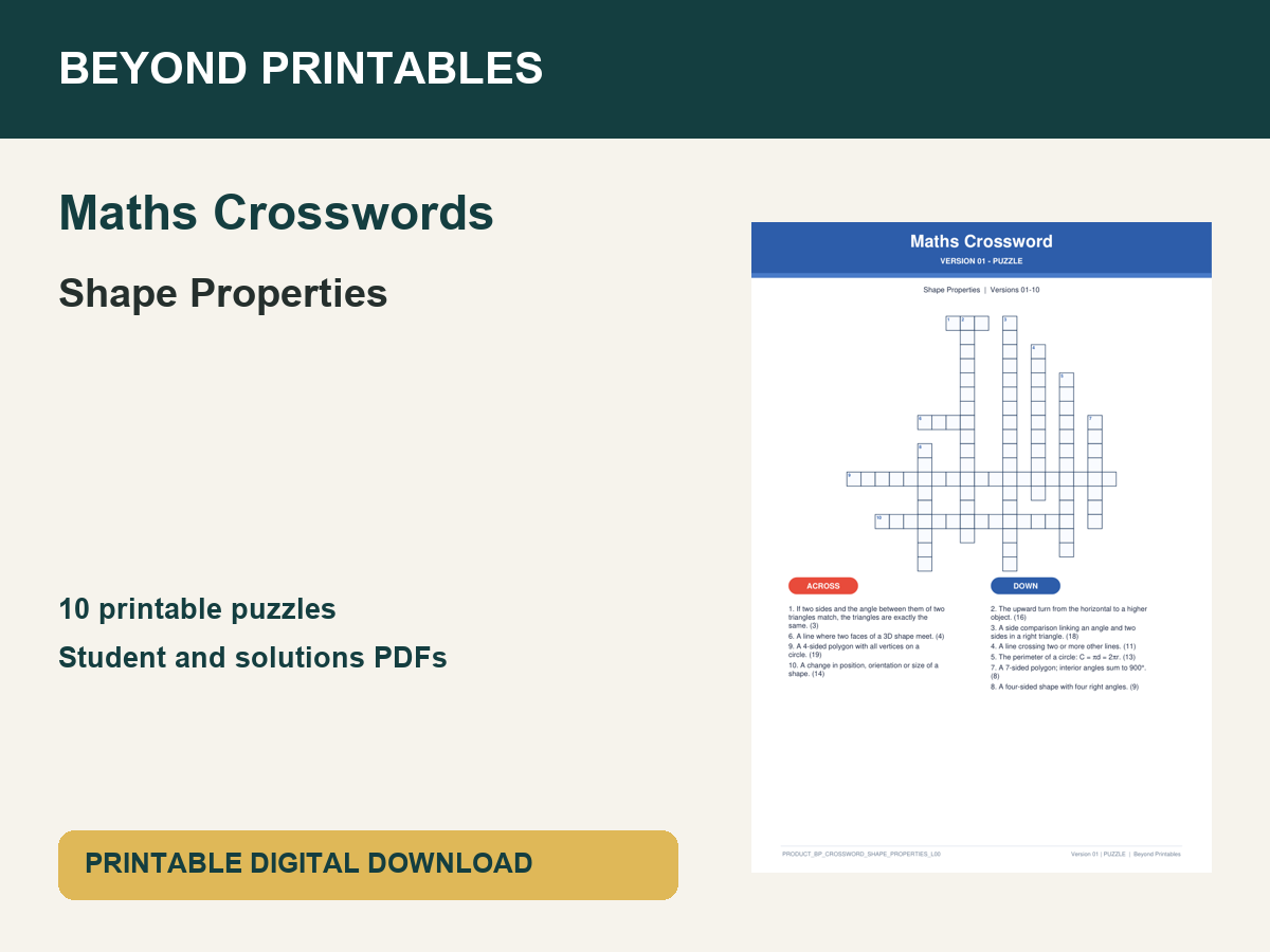 Maths Crosswords: Shape Properties | 10 Puzzles + Solutions