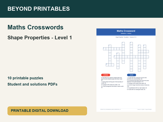 Maths Crosswords: Shape Properties - Level 1 | 10 Puzzles + Solutions
