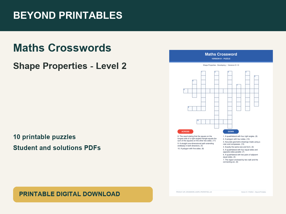 Maths Crosswords: Shape Properties - Level 2 | 10 Puzzles + Solutions