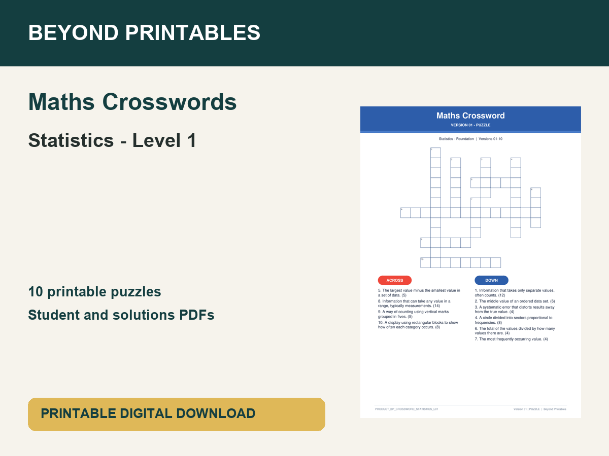 Maths Crosswords: Statistics - Level 1 | 10 Puzzles + Solutions