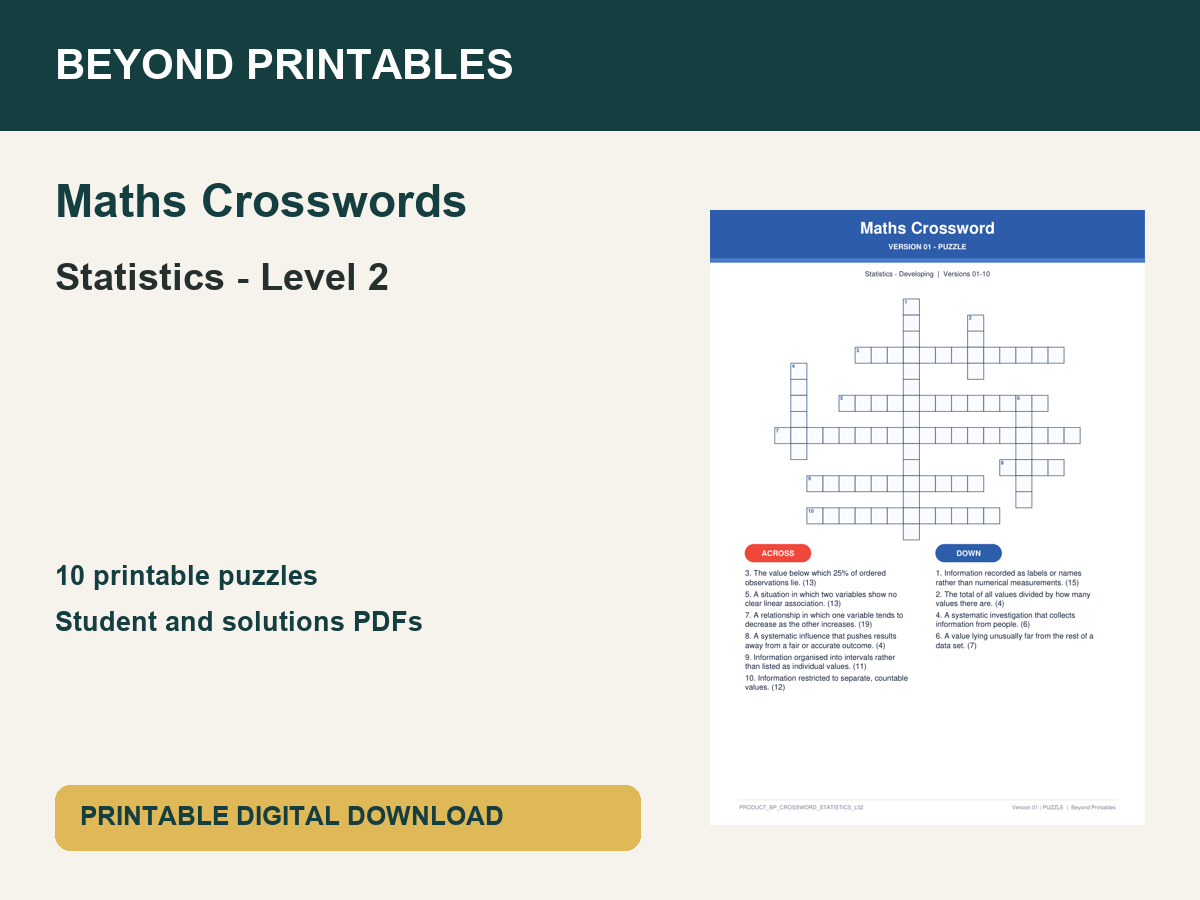 Maths Crosswords: Statistics - Level 2 | 10 Puzzles + Solutions