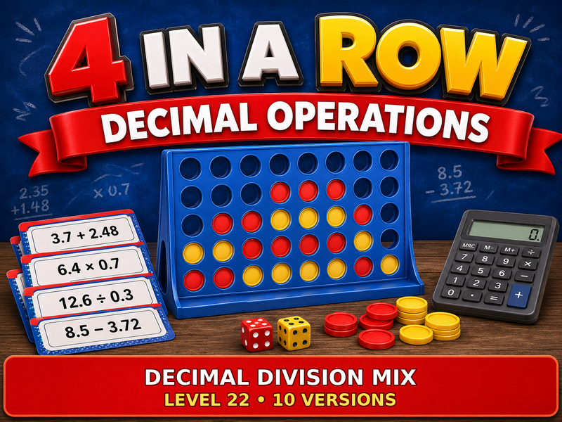 Decimal Operations Four in a Row | Decimal Division Mix: Level 22 | 10 Versions