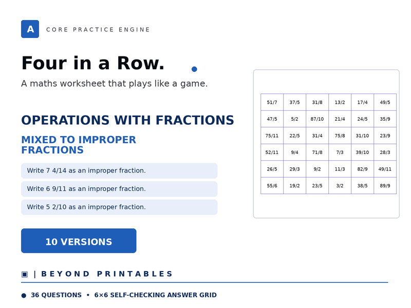 Operations with Fractions Four in a Row | Mixed to Improper Fractions | Level 04 | 10 Games