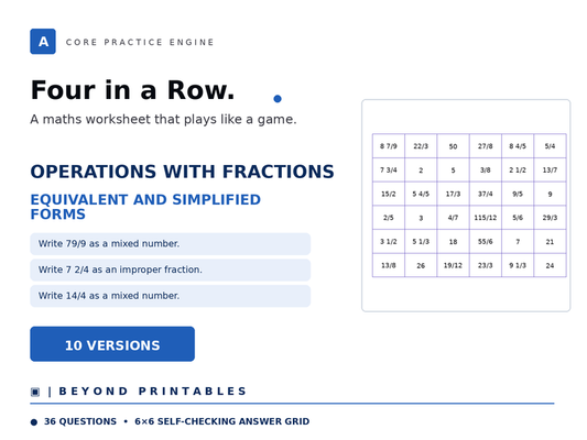 Operations with Fractions Four in a Row | Equivalent and Simplified Forms | Level 05 | 10 Games