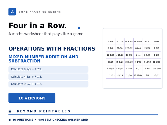 Fraction Four in a Row | Mixed-Number Addition and Subtraction | Level 16 | 10 Games
