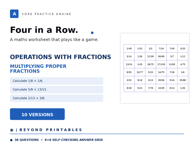 Operations with Fractions Four in a Row | Multiplying Proper Fractions | Level 19 | 10 Games