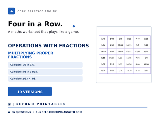 Operations with Fractions Four in a Row | Multiplying Proper Fractions | Level 19 | 10 Games