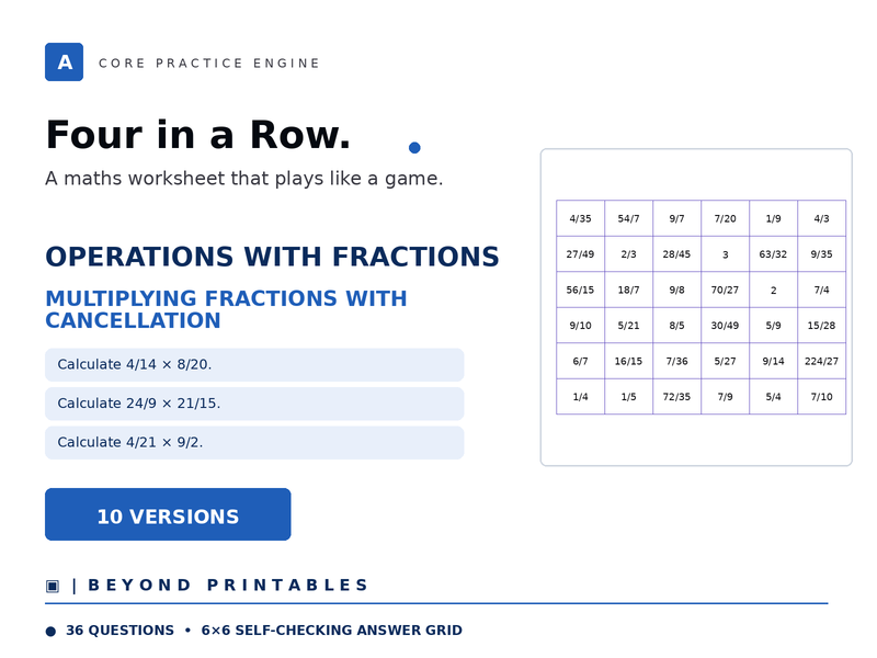 Fraction Four in a Row | Multiplying Fractions with Cancellation | Level 20 | 10 Games