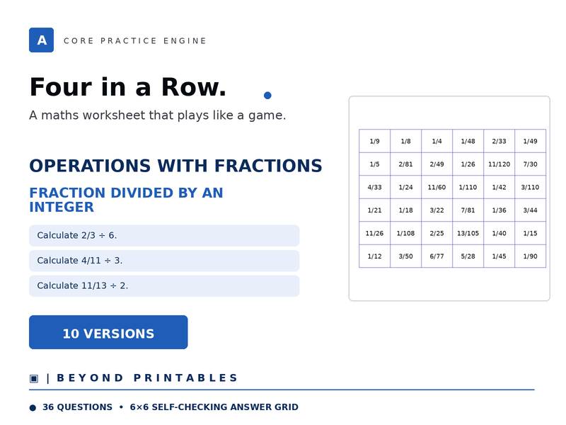 Operations with Fractions Four in a Row | Fraction Divided by an Integer | Level 23 | 10 Games
