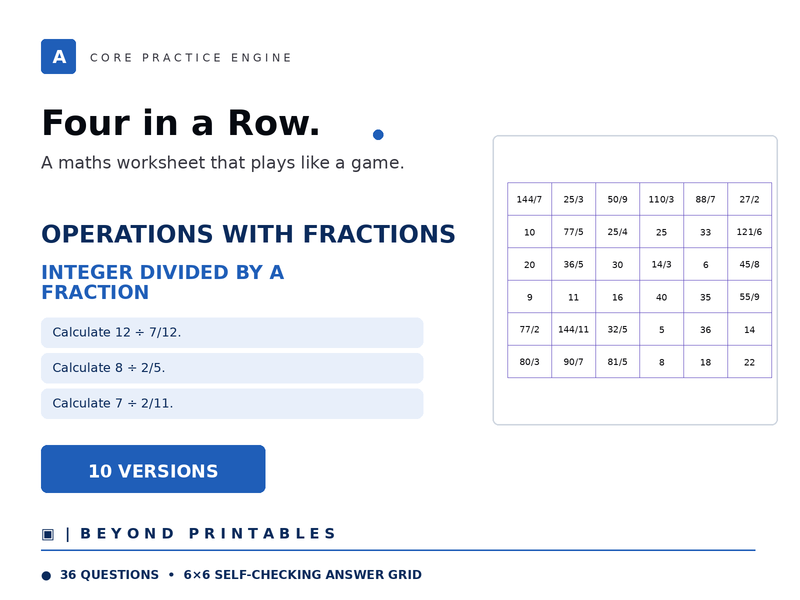 Operations with Fractions Four in a Row | Integer Divided by a Fraction | Level 24 | 10 Games
