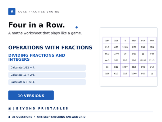 Operations with Fractions Four in a Row | Dividing Fractions and Integers | Level 25 | 10 Games