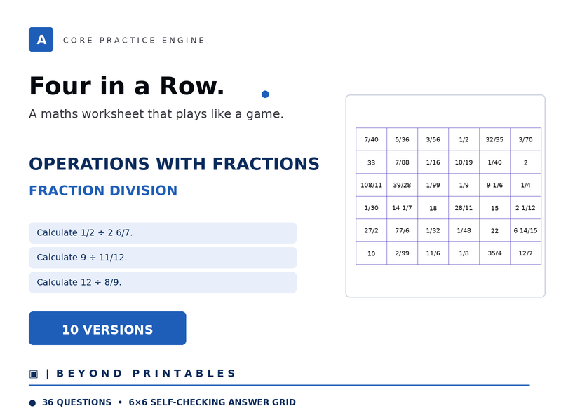 Operations with Fractions Four in a Row | Fraction Division | Level 28 | 10 Games