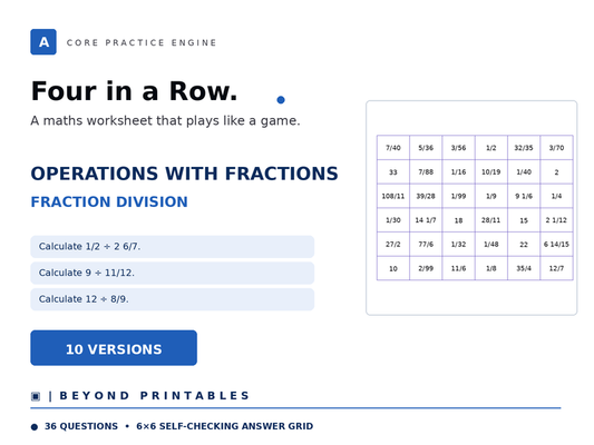 Operations with Fractions Four in a Row | Fraction Division | Level 28 | 10 Games