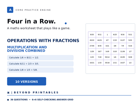 Operations with Fractions Four in a Row | Multiplication and Division Combined | Level 30 | 10 Games