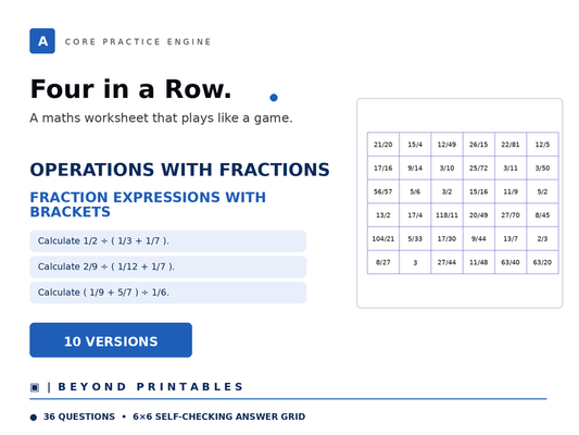 Operations with Fractions Four in a Row | Fraction Expressions with Brackets | Level 32 | 10 Games